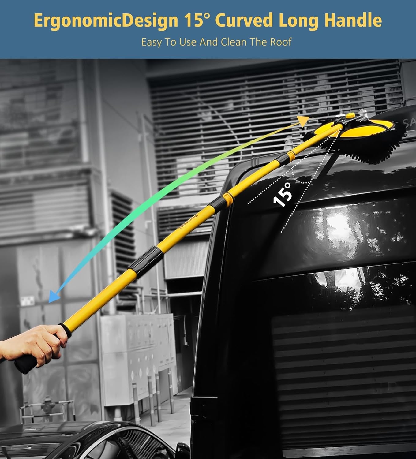55" Extendable Car Wash Brush with Curved Handle & Replaceable Microfiber Head - Perfect for RV, Truck, and Camper Cleaning - Portable Kit with Storage Bag