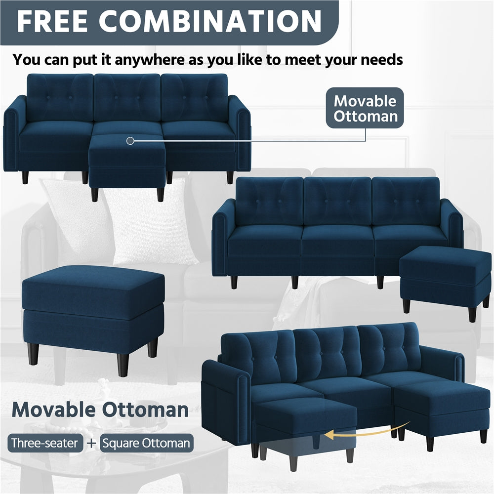 3-Seater Sofa with Ottoman Velvet Upholstered Corner Sofa for Living Room L-shaped Chaise Lounge Sofa