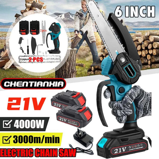 6 Inch 4000 Watt Portable Mini Cordless Chainsaw Electric Single Hand Saw Wood Cutter with 2 Battery Rechargeable Lightweight