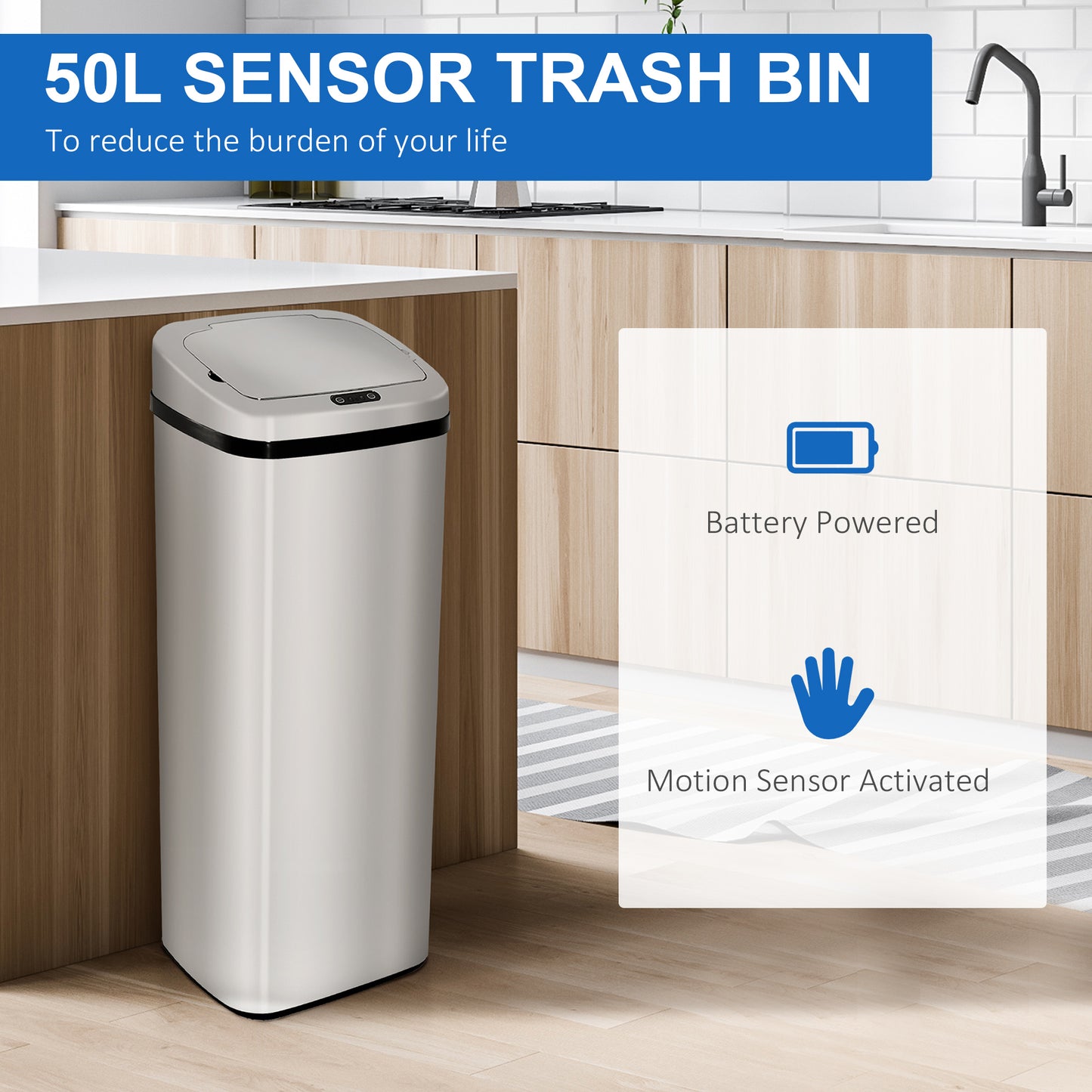 50L Motion Sensor Trash Bin - ABS, Silver/Black, Touchless Lid
