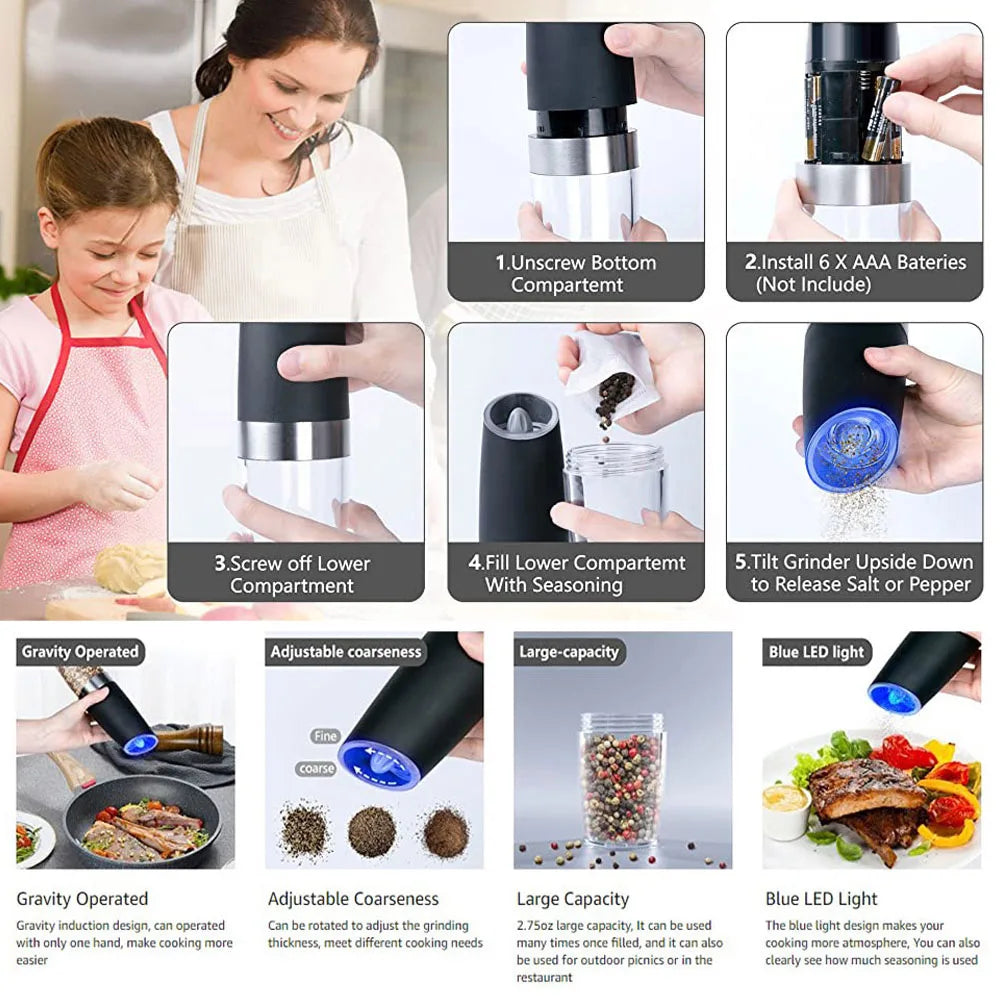 Gravity Electric Pepper and Salt Grinder Mill Adjustable Coarseness Battery Powered with Blue LED Light