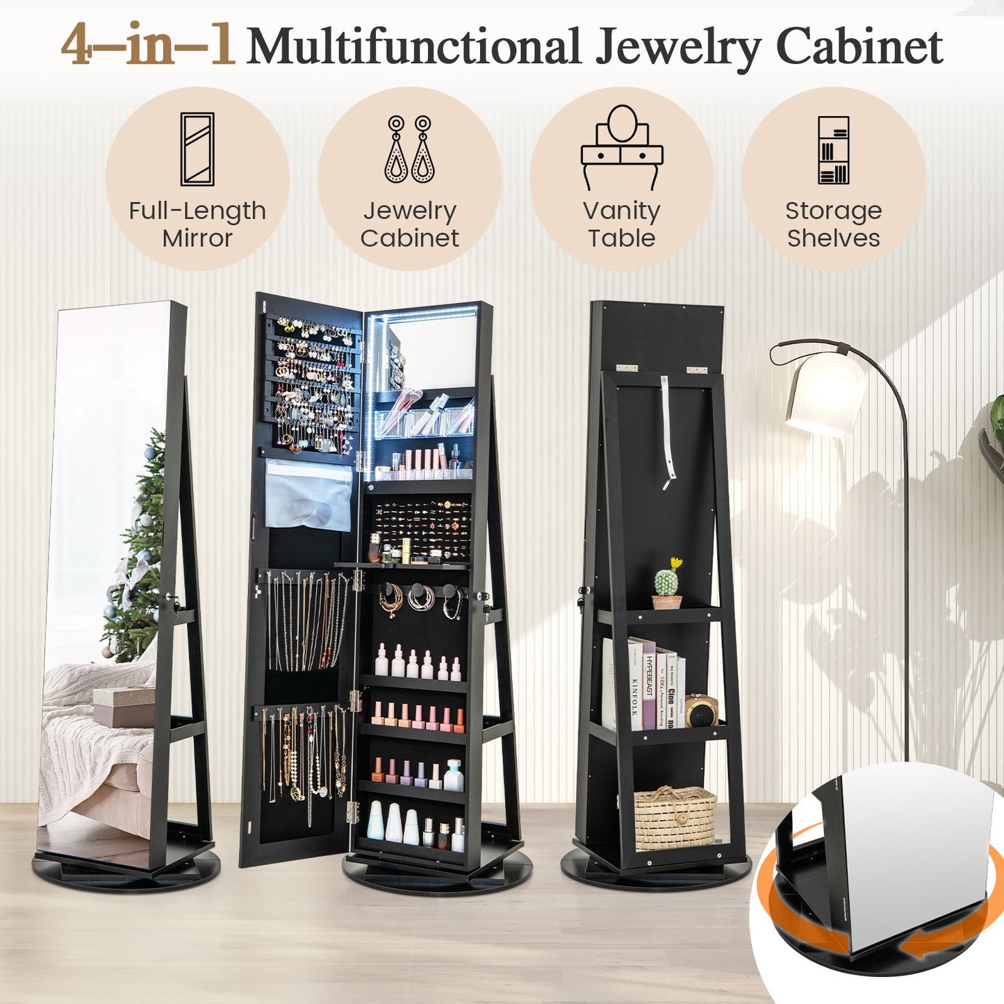 360-Degree Mirrored Jewelry Armoire with 3-Color Auto-On LED Lights