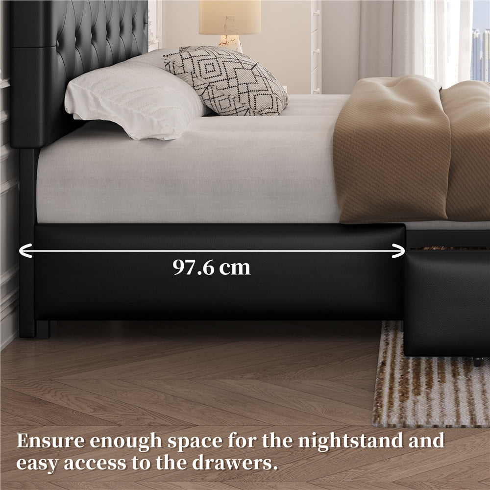 Upholstered Bed Frame with Large Pull-Out Drawers Storage & Height-Adjustable Headboard, Faux Leather