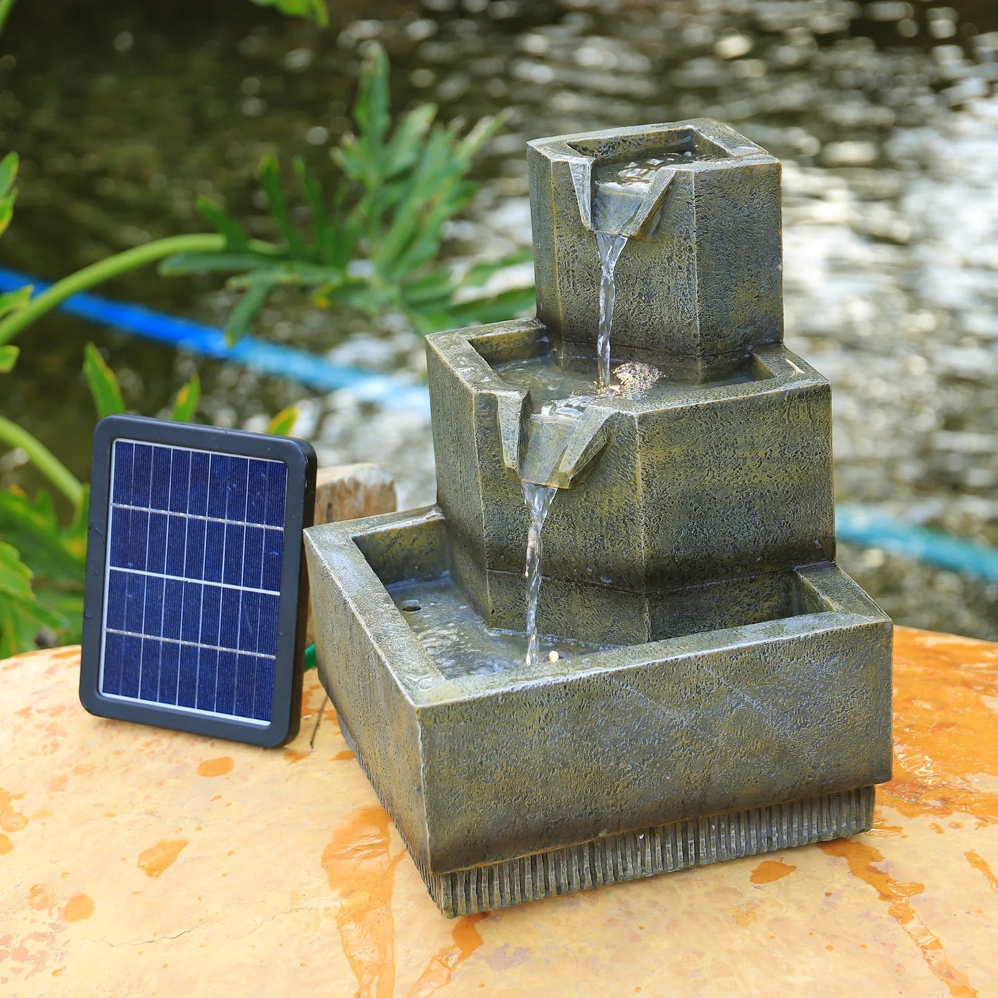 Contemporary Multi-Tier Garden Fountain with Integrated LED Lighting