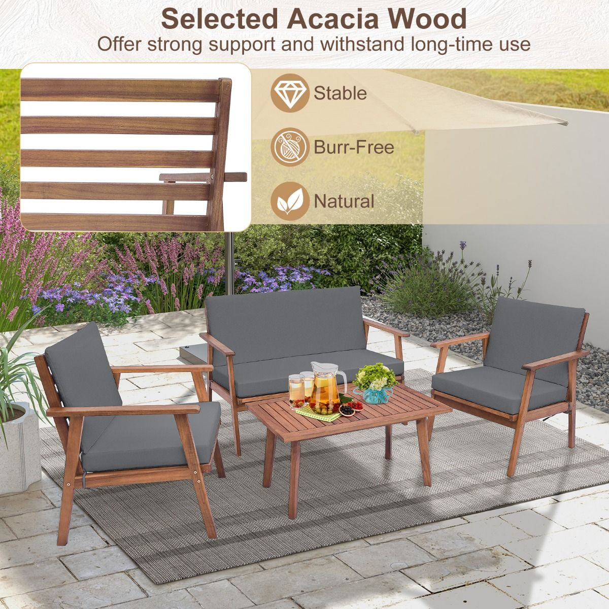 4 Piece Outdoor Conversation Set with Soft Seat and Back Cushions