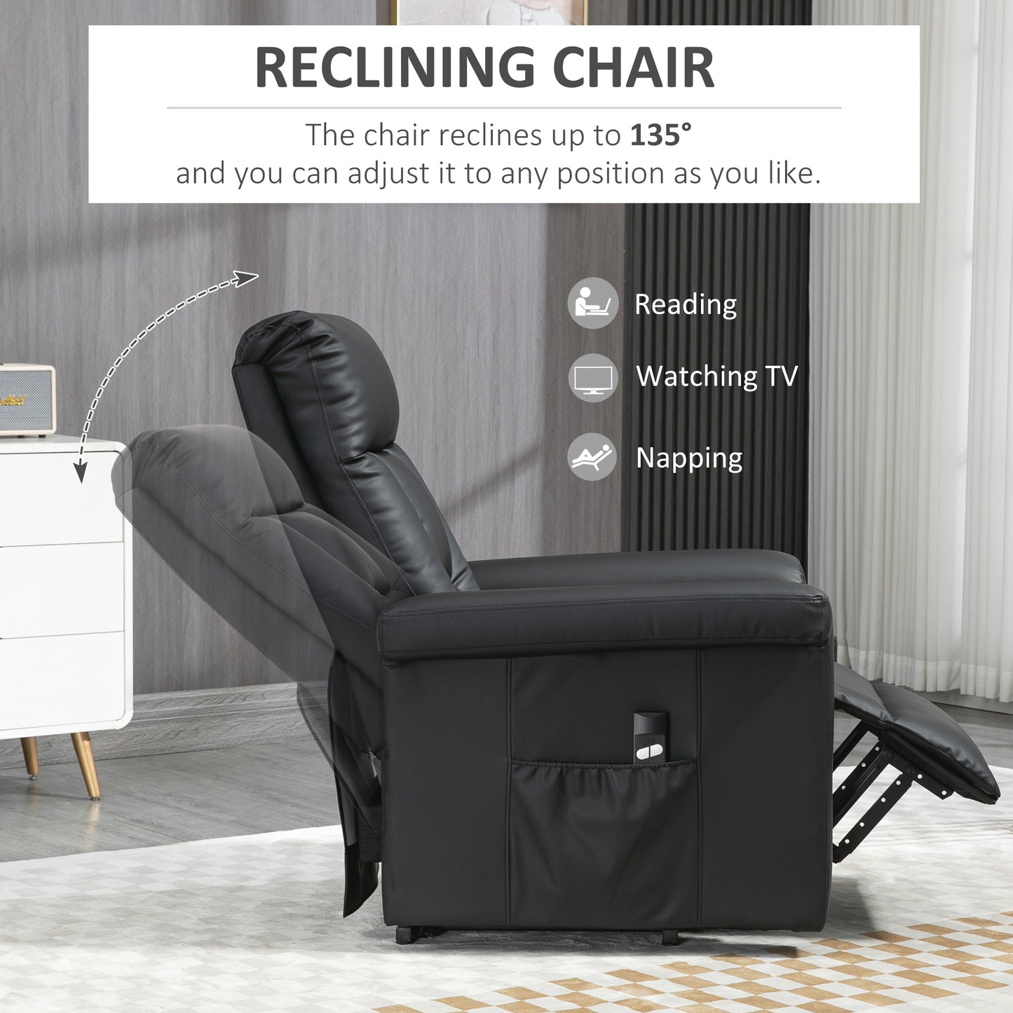 Power Lift Chair with PU Leather, Electric Recliner, Side Pocket, Black