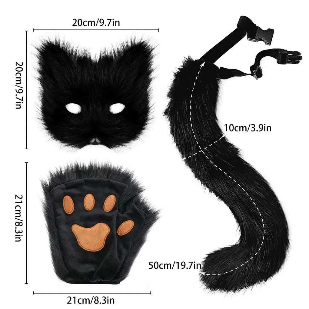 Simulated Costume Halloween Set with Plush Gloves Mask and Tail Prop Furry Tail Can Be Placed
