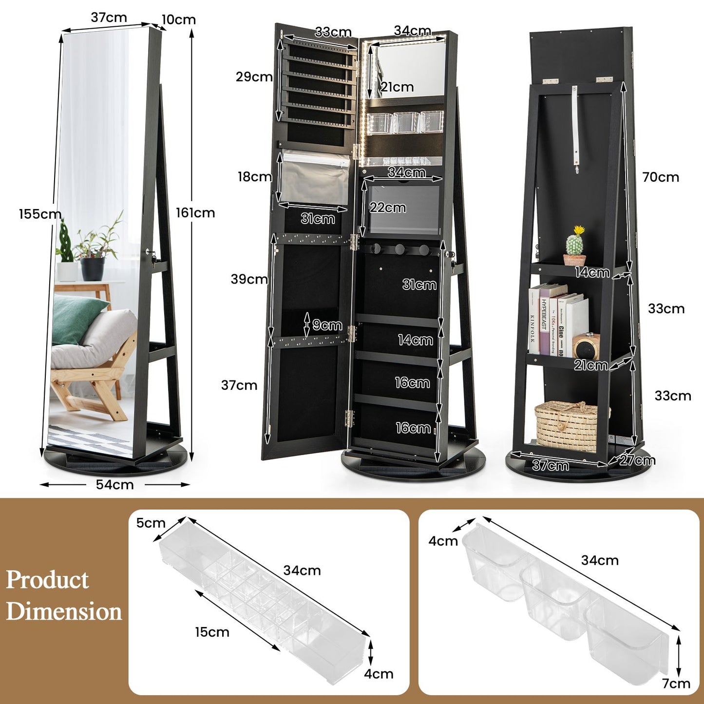 360-Degree Mirrored Jewelry Armoire with 3-Color Auto-On LED Lights