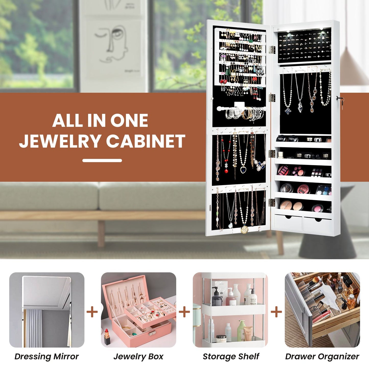 Lockable Jewelry Cabinet with Full Length Mirror and LED Lights
