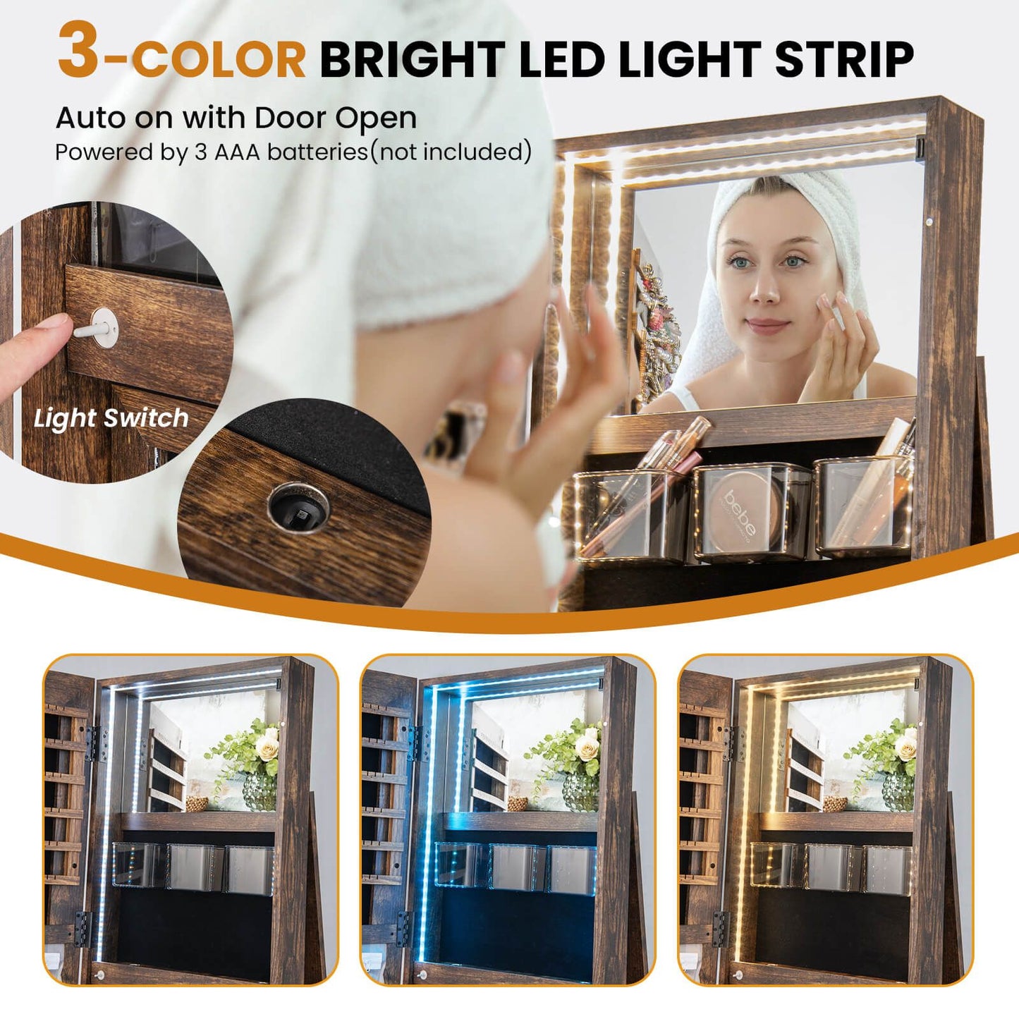 360-Degree Mirrored Jewelry Armoire with 3-Color Auto-On LED Lights