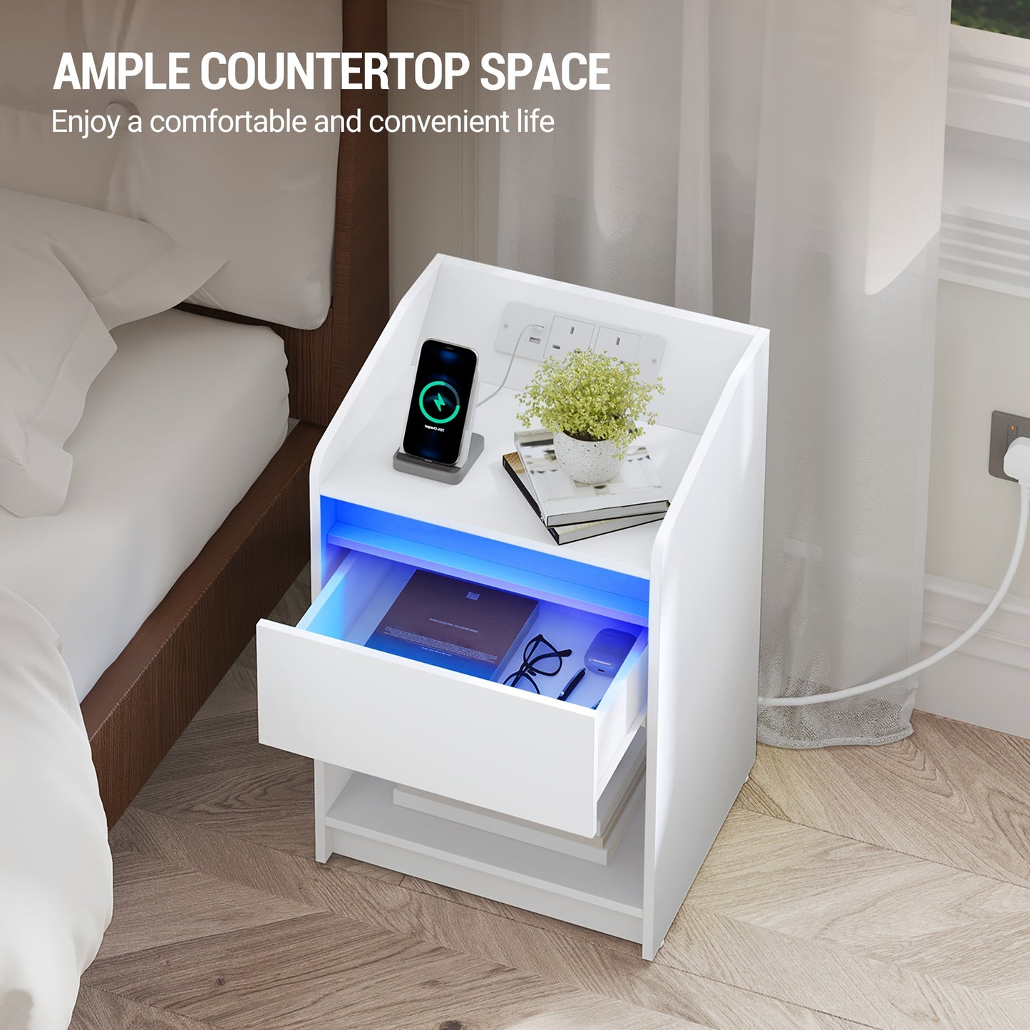 Bedside Table with LED Light - Side Table with Charging Station, 1 Storage Drawer Bedside Table