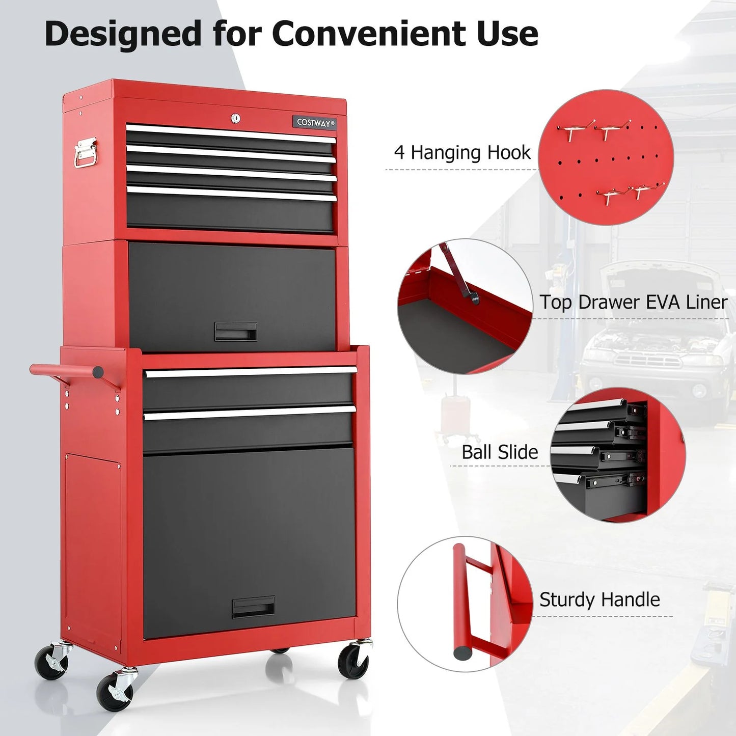 Lockable Tool Storage Cabinet with Handle, Drawers, Wheels and EVA Liner
