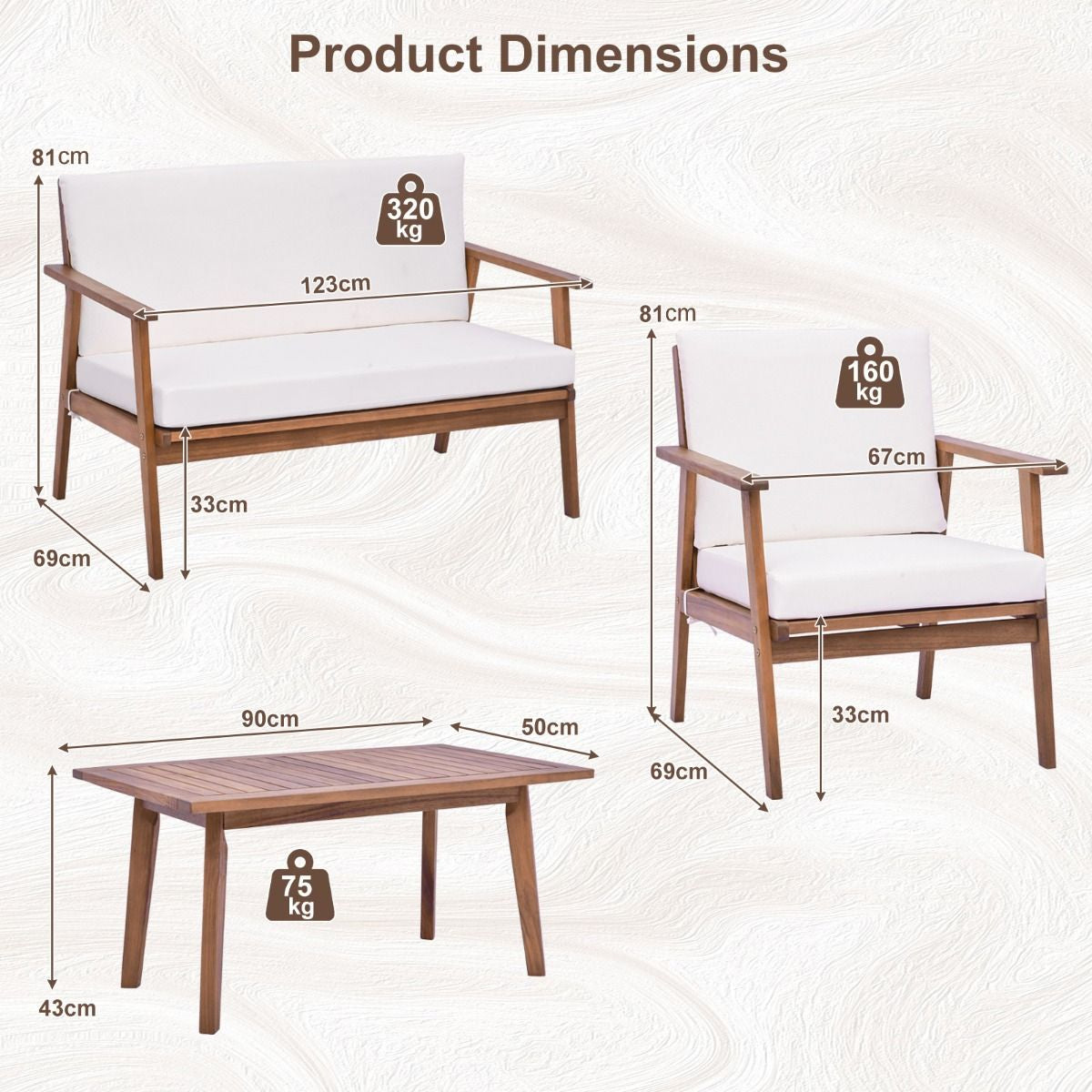 4 Piece Outdoor Conversation Set with Soft Seat and Back Cushions