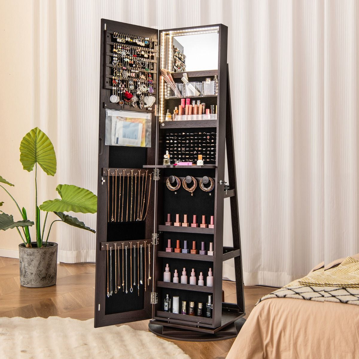360-Degree Mirrored Jewelry Armoire with 3-Color Auto-On LED Lights