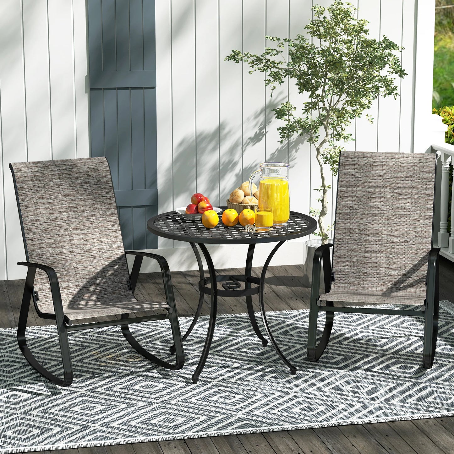 Set of 2 Ergonomic Outdoor Rocking Chairs with Armrests and High Backrest in Light Brown