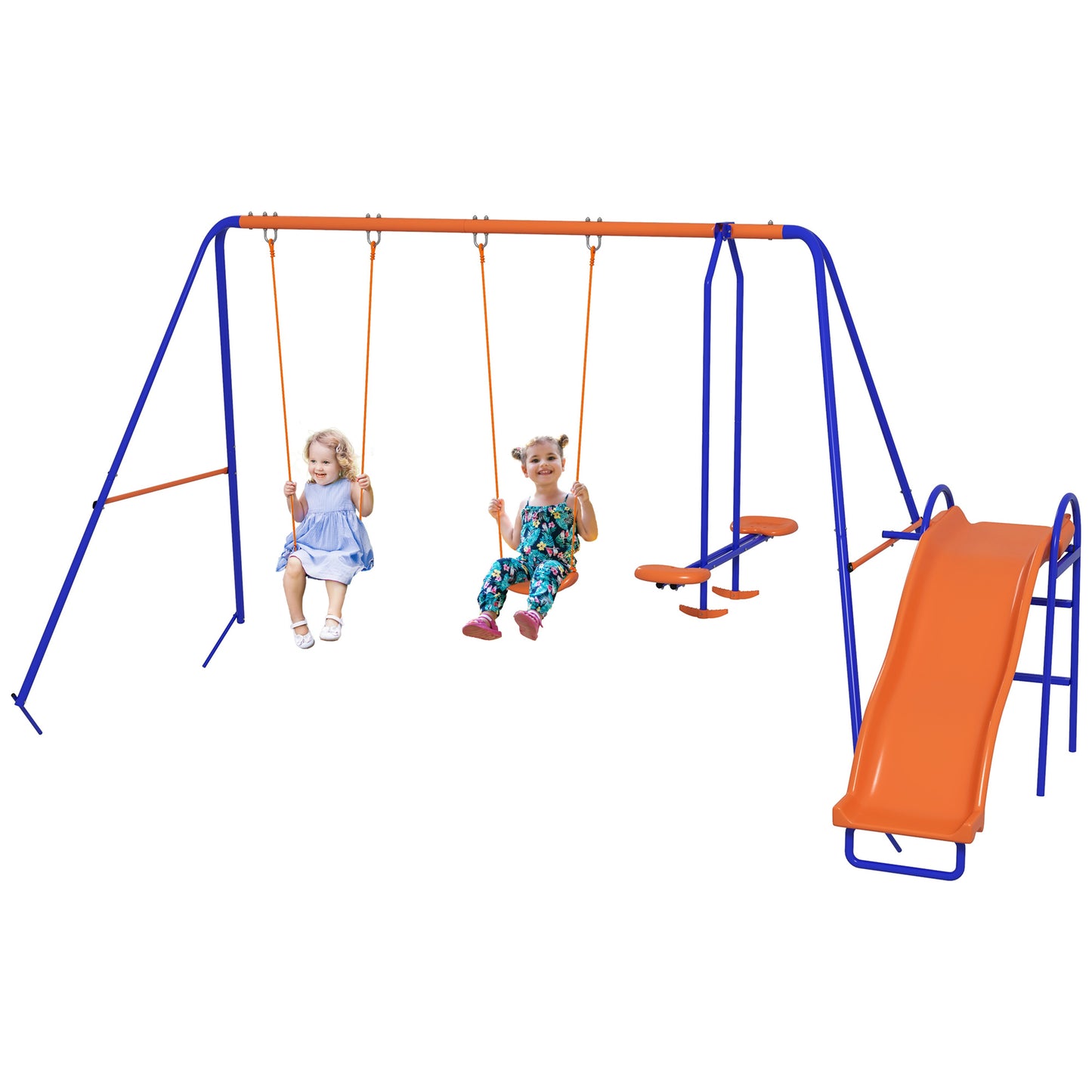 4 in 1 Garden Swing Set, Metal Kids Swing Set w/ Double Swings, Glider, Slide, Ladder