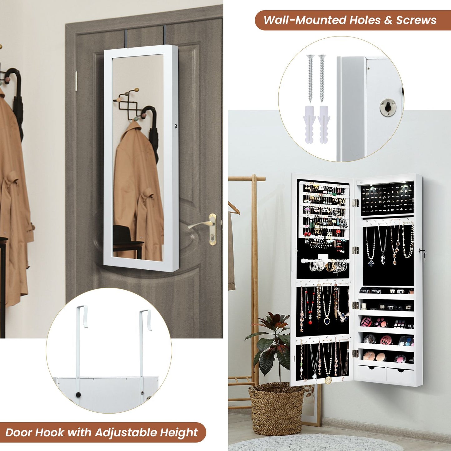 Lockable Jewelry Cabinet with Full Length Mirror and LED Lights