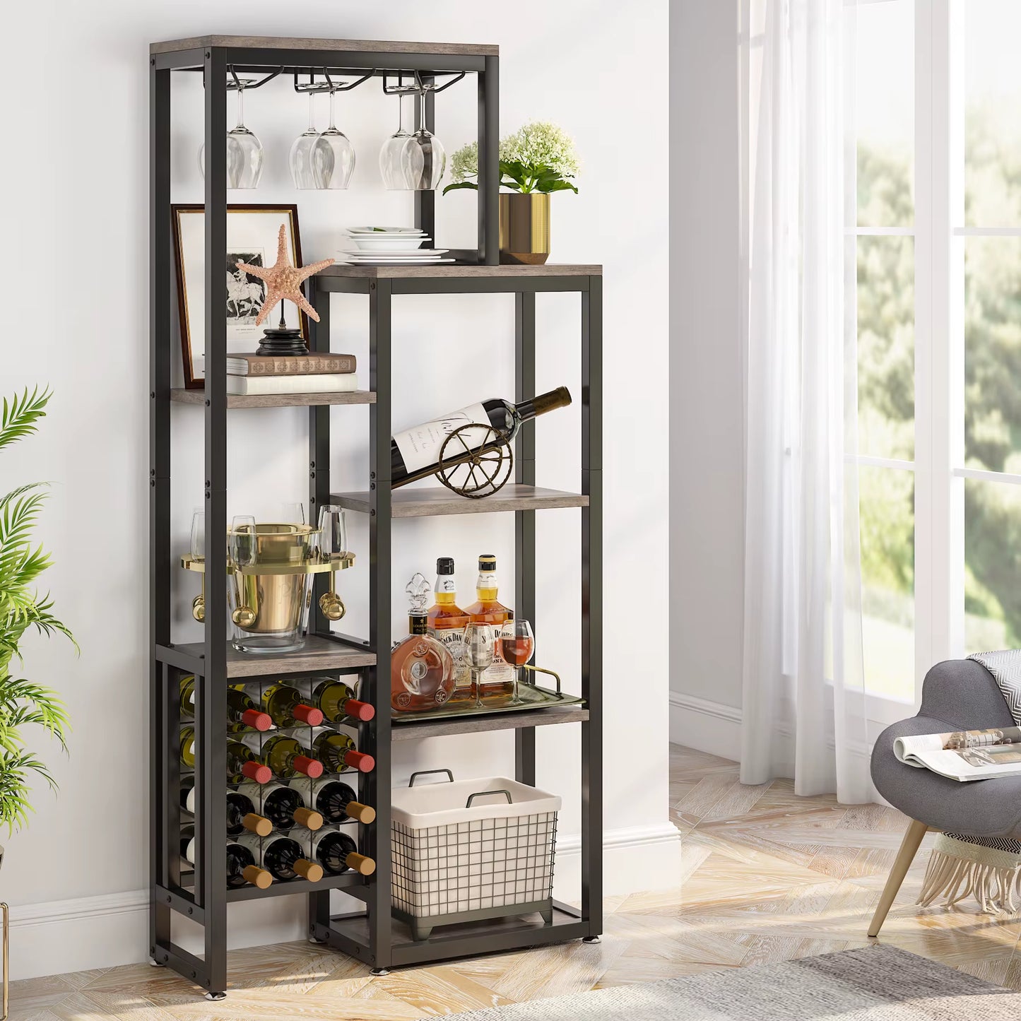 Stylish 5-Tier Freestanding Wine Rack with Glass Holder - Industrial Wine Storage & Display Shelf