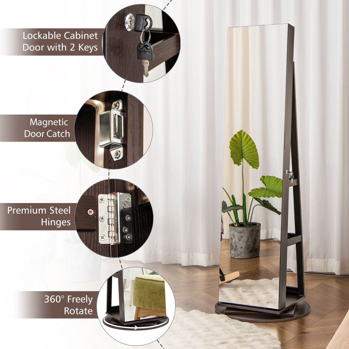 360-Degree Mirrored Jewelry Armoire with 3-Color Auto-On LED Lights