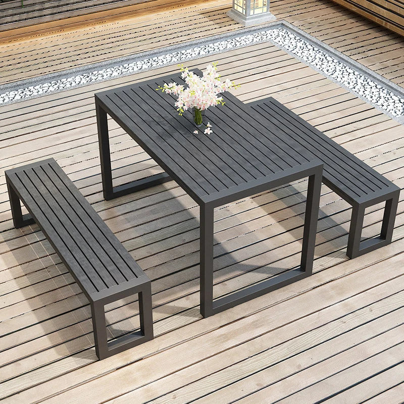 Outdoor Wooden and Metallic Dining Table with Parasol Hole and Benches Set