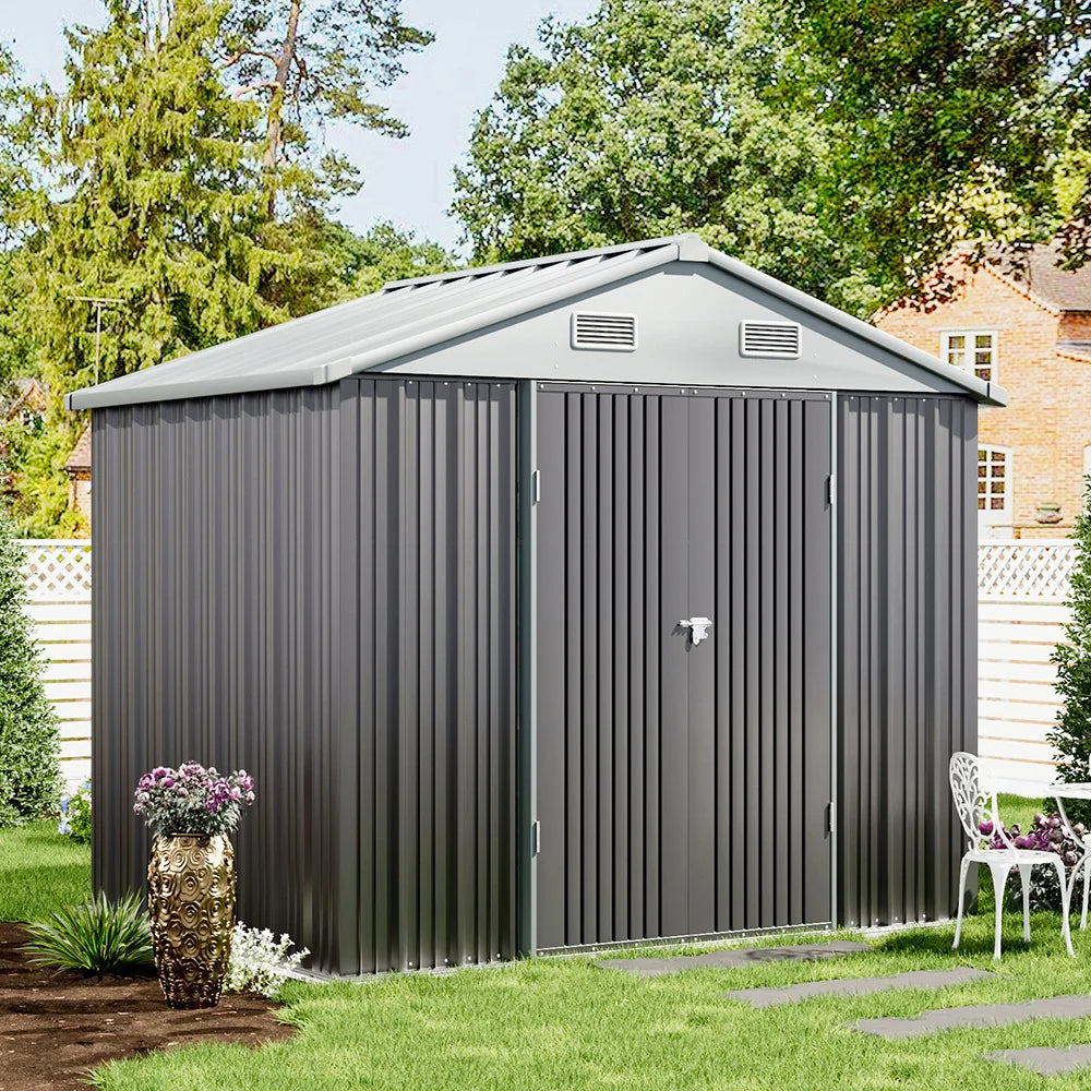 【】6 X 8 FT Outdoor Metal Storage Shed with Floor Frame Base, Galvanized Steel Garden Shed with 4 Ventilation Openings