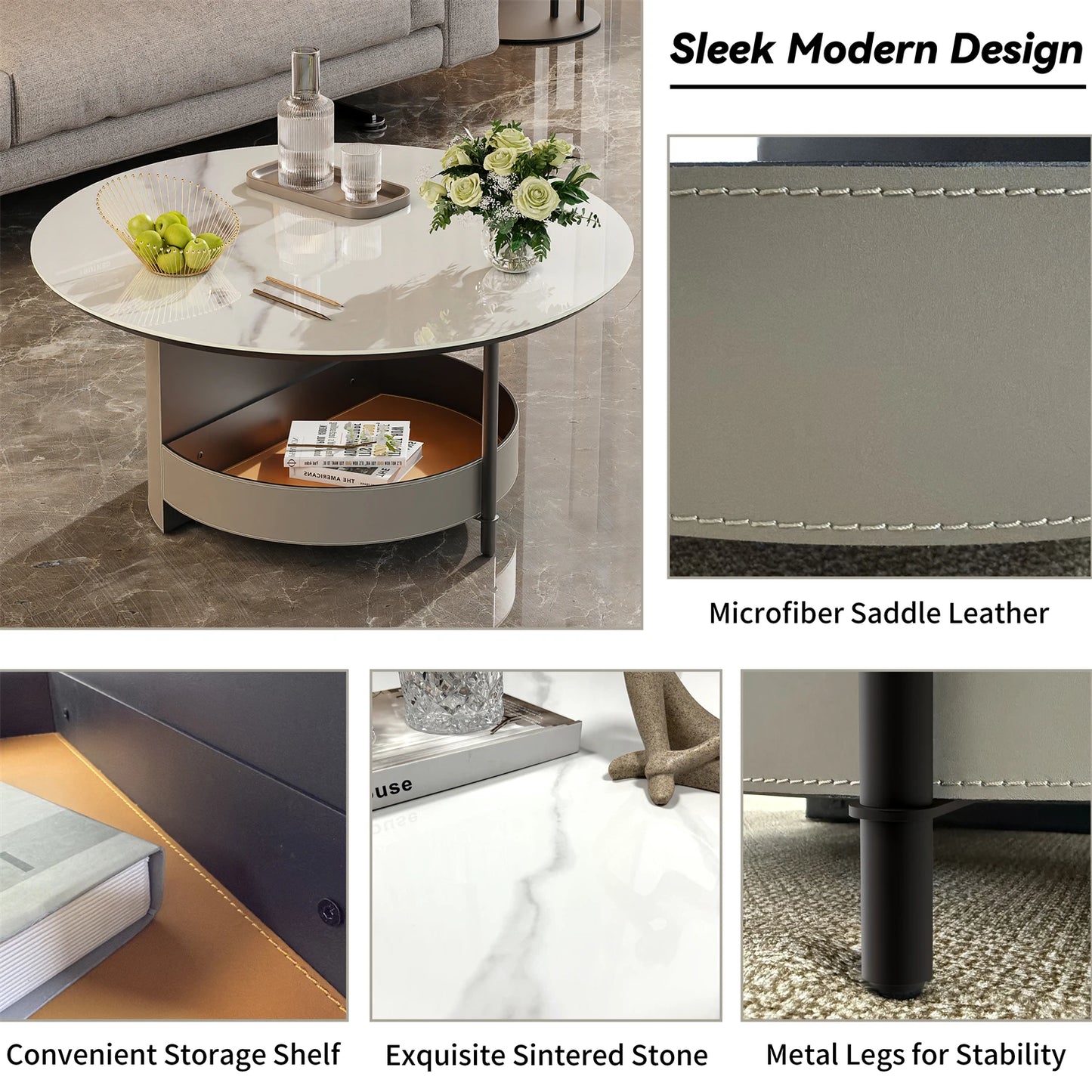 Round Coffee Side End Table with Sintered Stone-Top and Microfiber Saddle Leather Storage Shelf