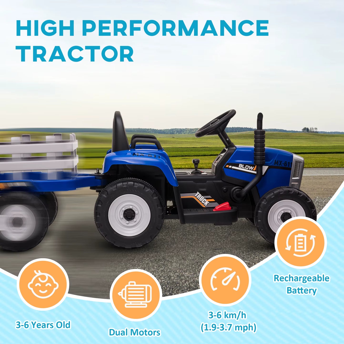 HOMCOM Ride on Tractor with Detachable Trailer, Remote Control, Music