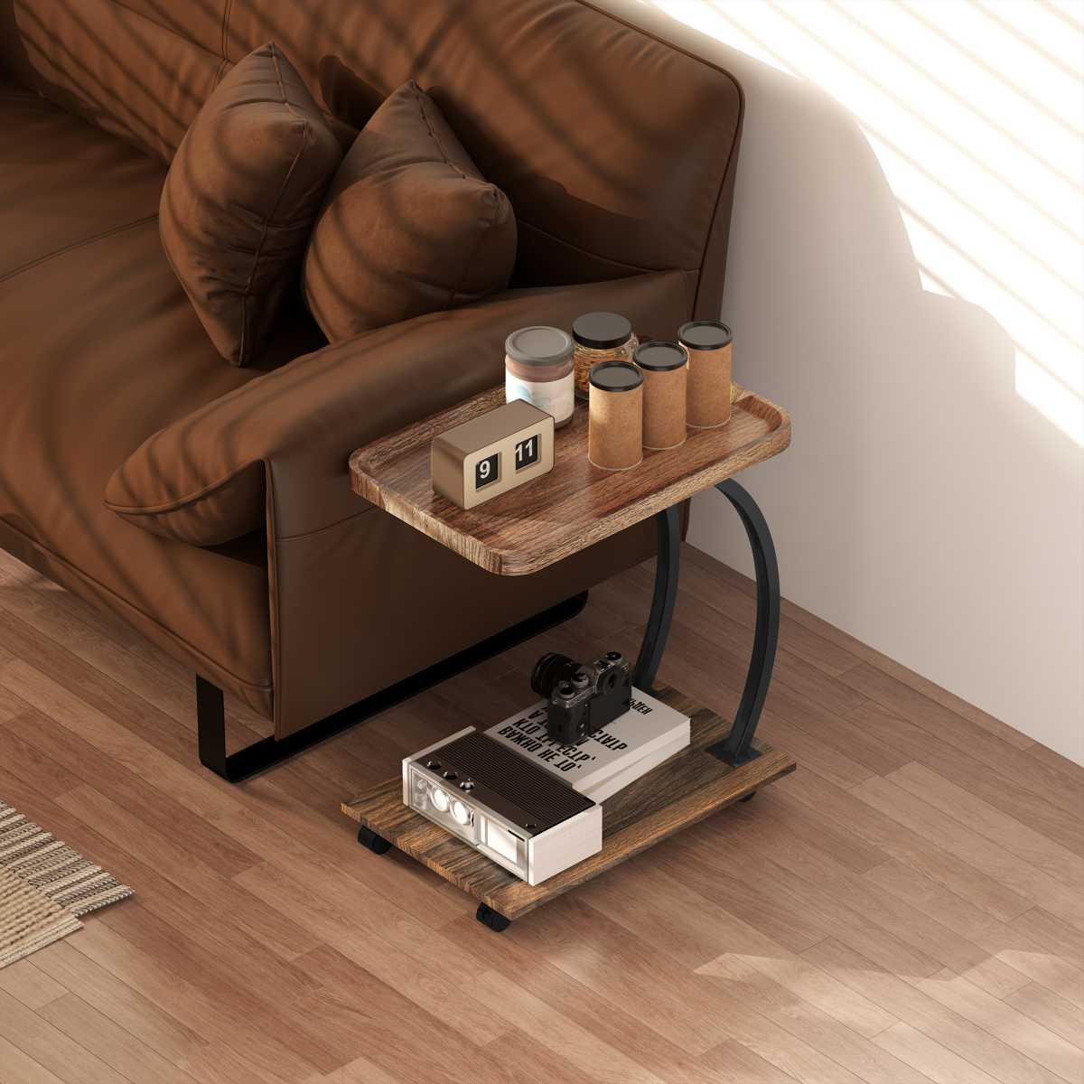 Versatile C-Shaped Side Table with Storage & Wheels for Any Room