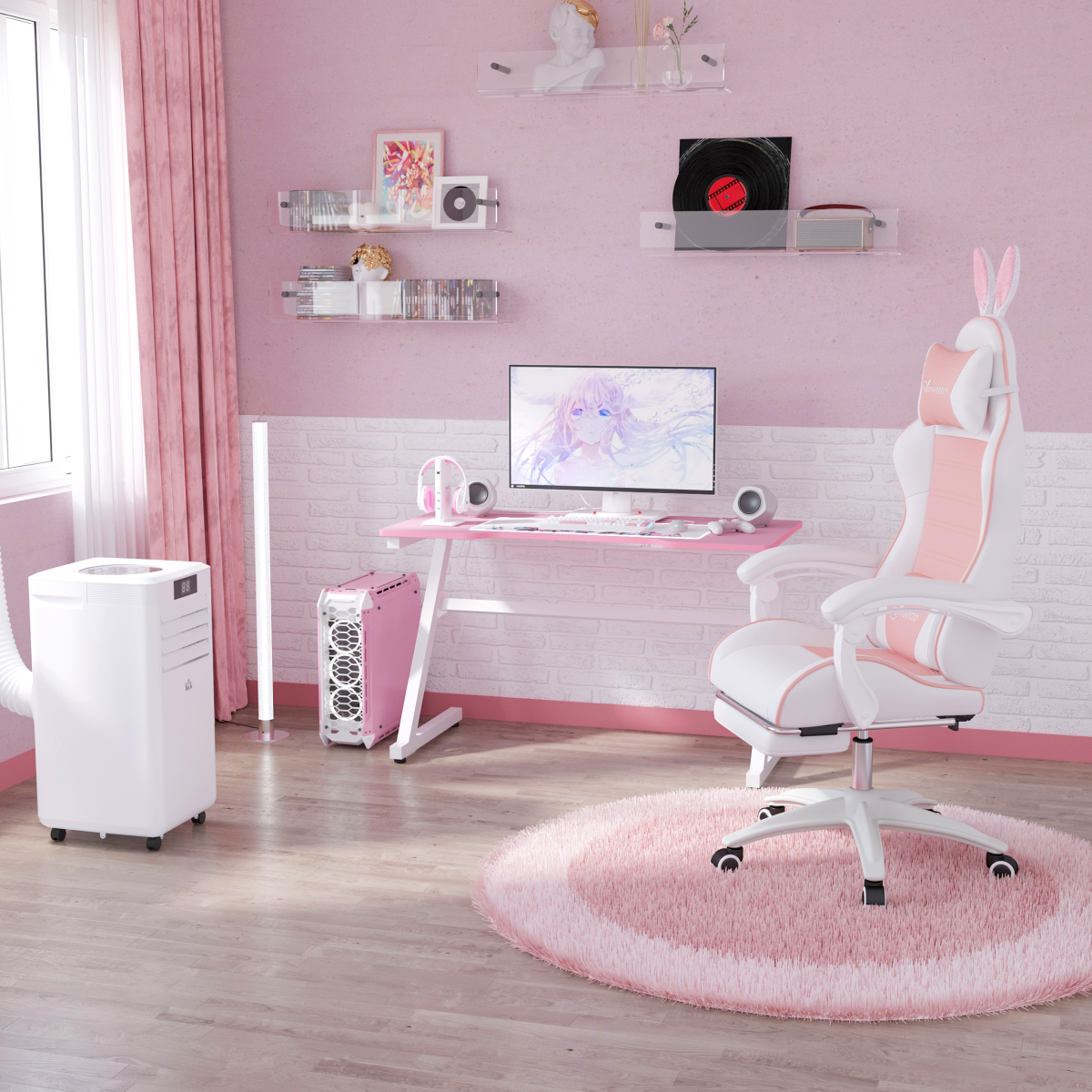 Vinsetto Pink Racing-Style Gaming Chair with Removable Rabbit Ears & Footrest