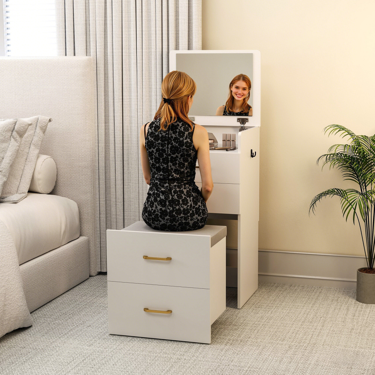 Versatile 3-in-1 Vanity Desk with Mirror & Cushioned Stool