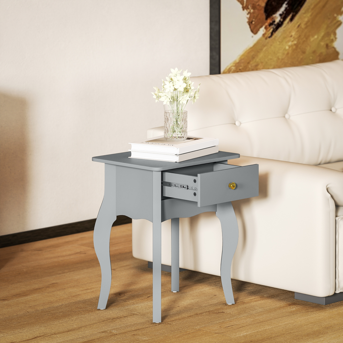 Chic French Style End Table with Drawer & Curved Legs - Grey Elegance