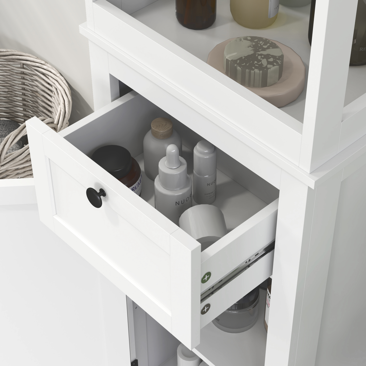 Slim Stylish Bathroom Storage Cabinet - Open Shelves & Drawer