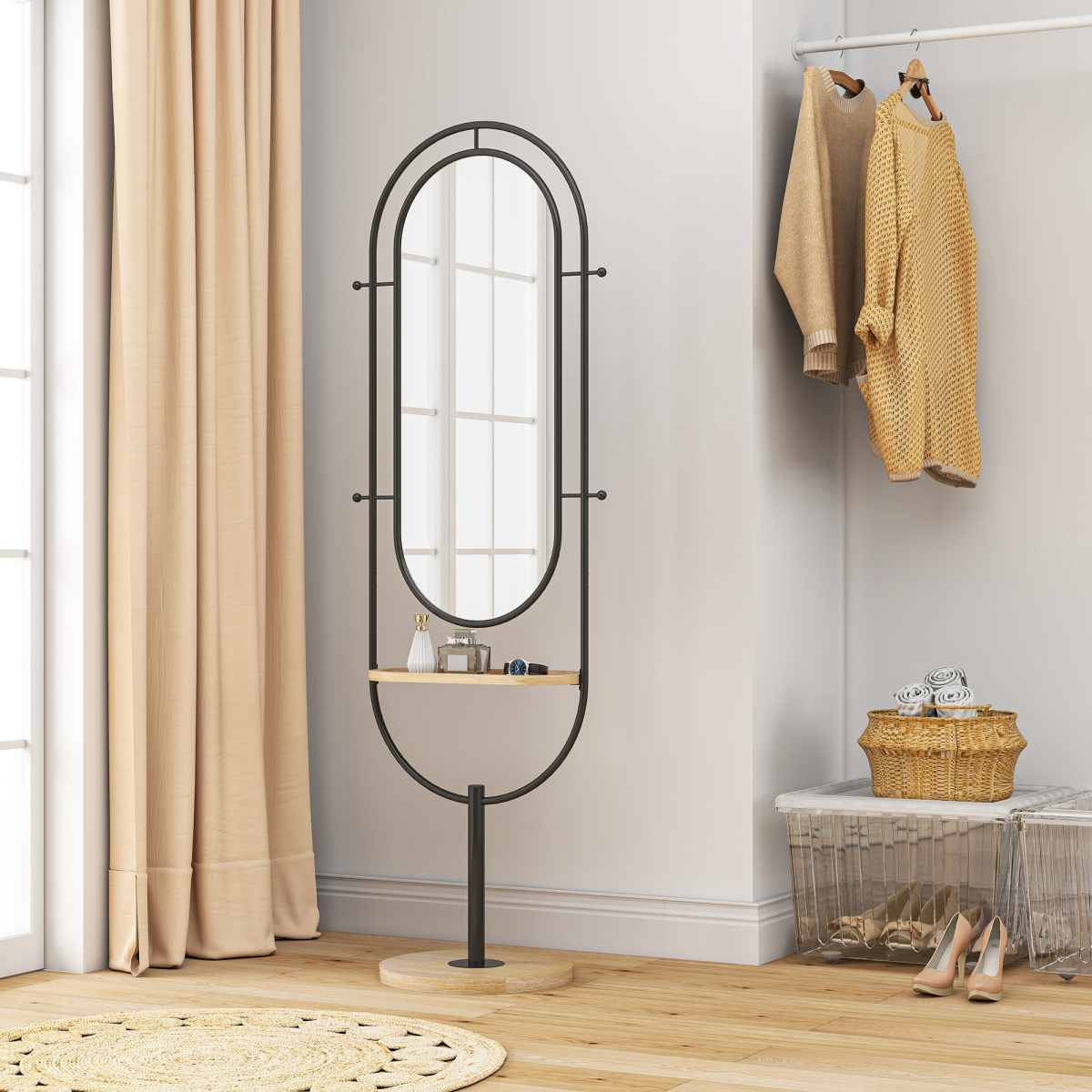 Elegant Freestanding Full Length Mirror with Tray & Hooks - Black