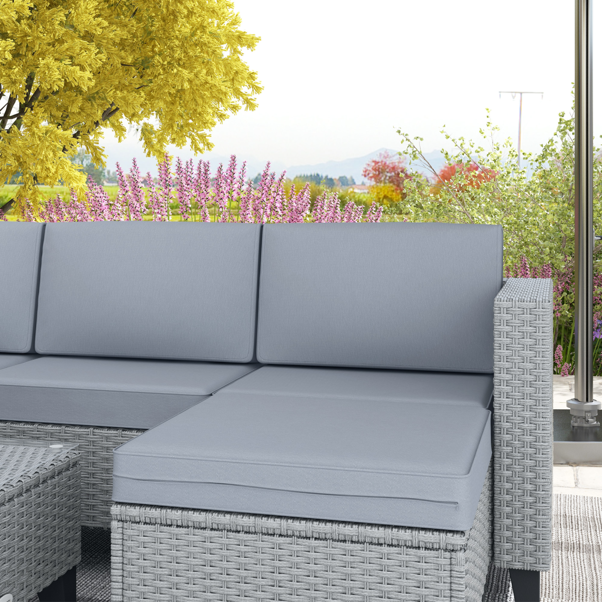 5-Piece Grey Rattan Garden Set with Glass Coffee Table