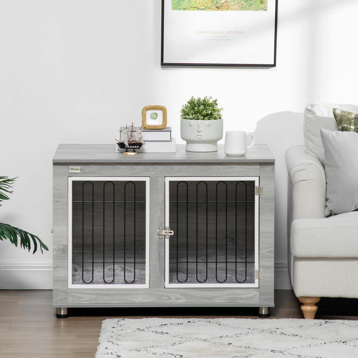 PawHut Modern Dog Crate End Table with Cushion - Double Doors
