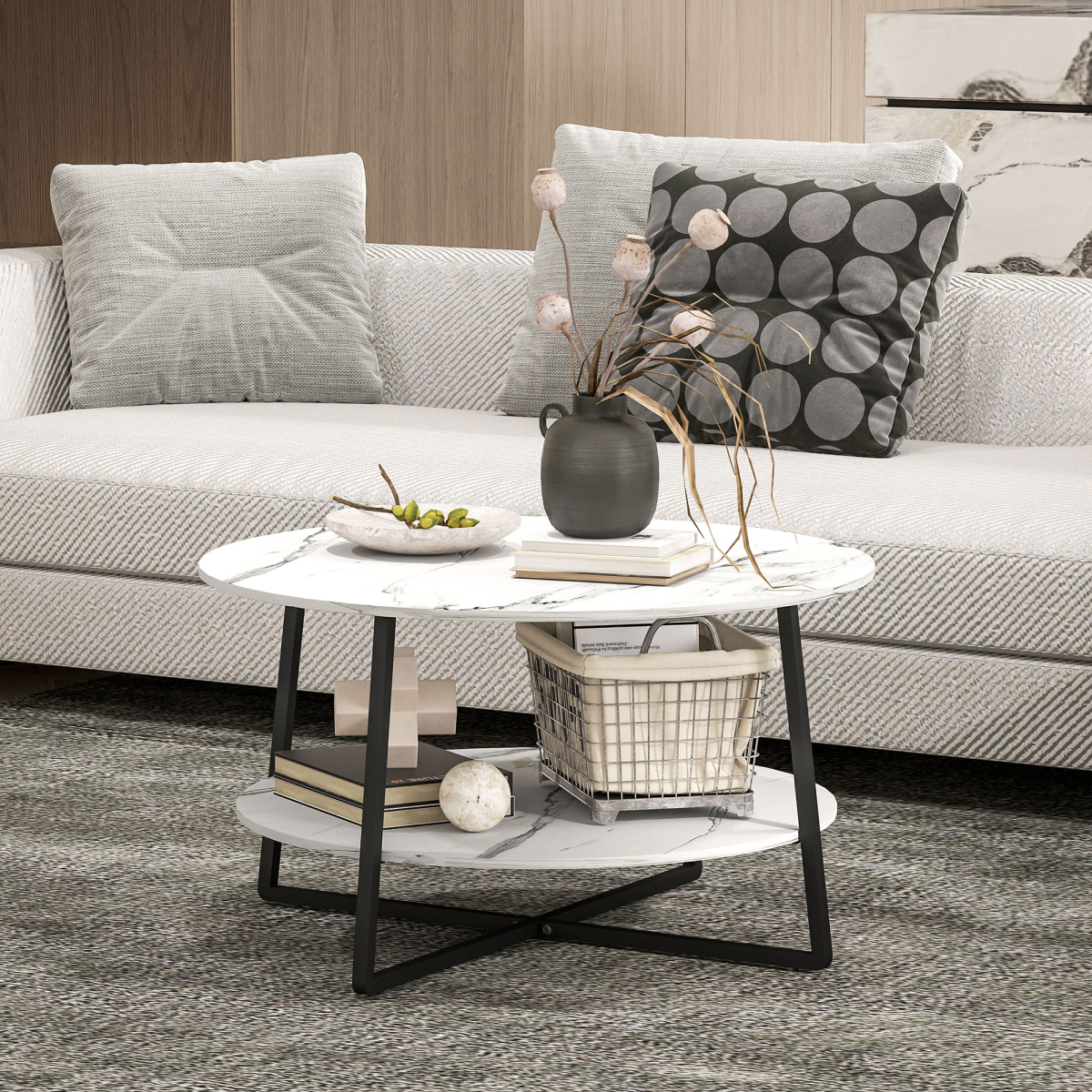Elegant Round Coffee Table with Storage & Chic Marble Effect Top