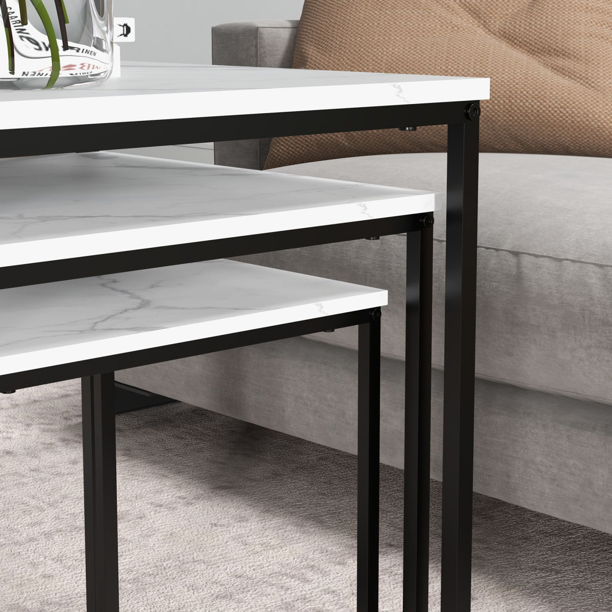 3-Piece Nesting Coffee Tables Set - White Marble Finish