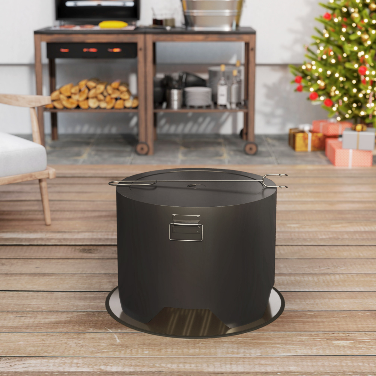 Stylish Round Fire Pit with Lid & Poker - Perfect for Cozy Gatherings