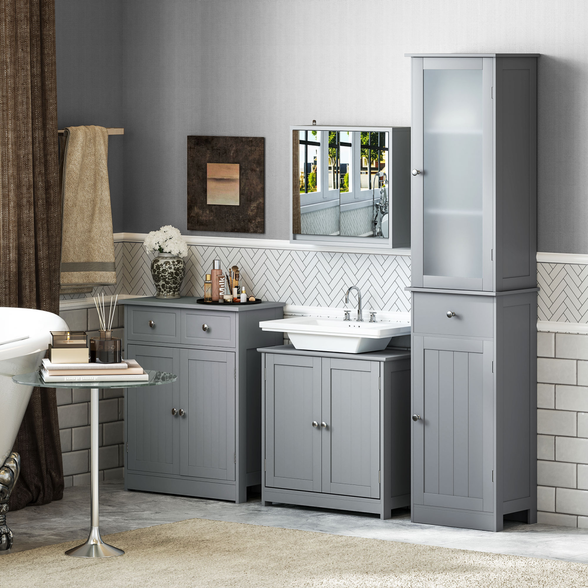Stylish Grey Bathroom Storage Cabinet with Drawers & Cupboard - 75cm Tall