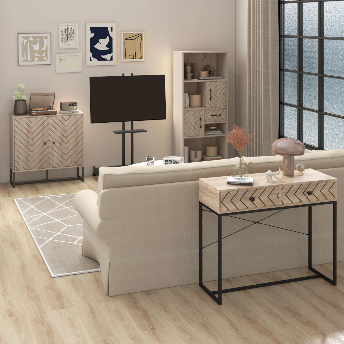 Stylish Embossed Arrow Storage Cabinet with Adjustable Shelf & Metal Base