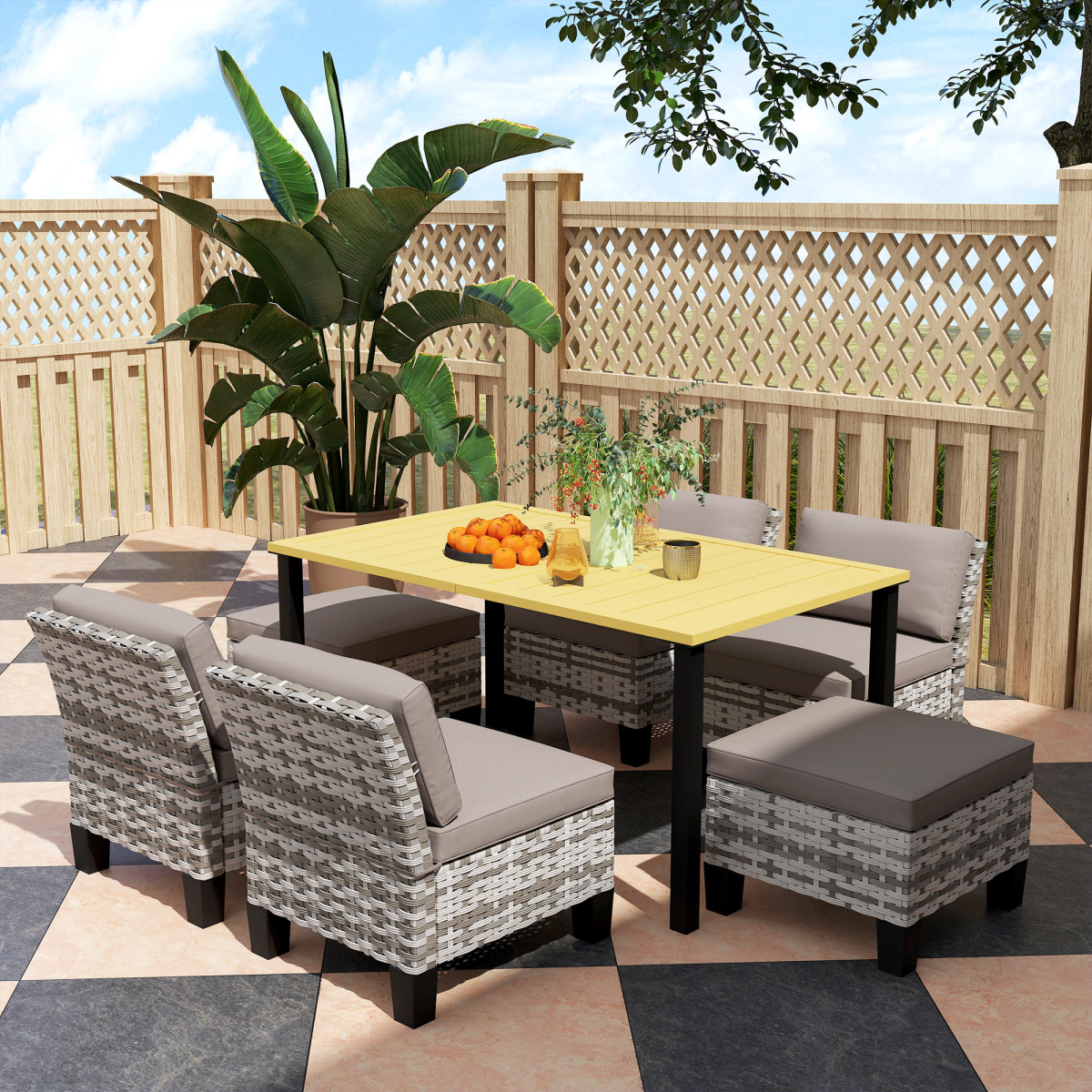 7-Piece Grey Rattan Garden Dining Set with Cushions & Umbrella Hole