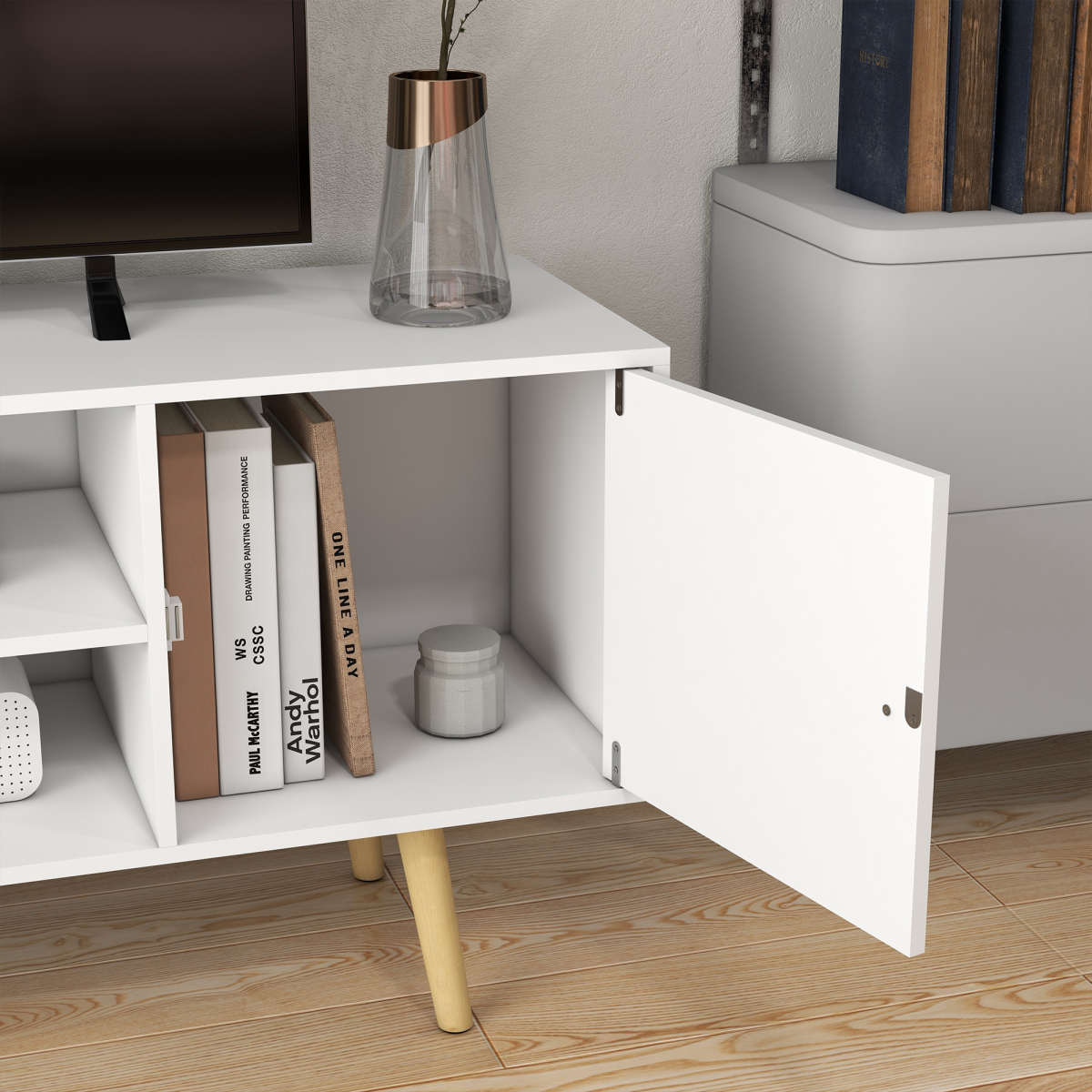Elegant White TV Stand with Storage & Cable Management for Up to 55" TVs
