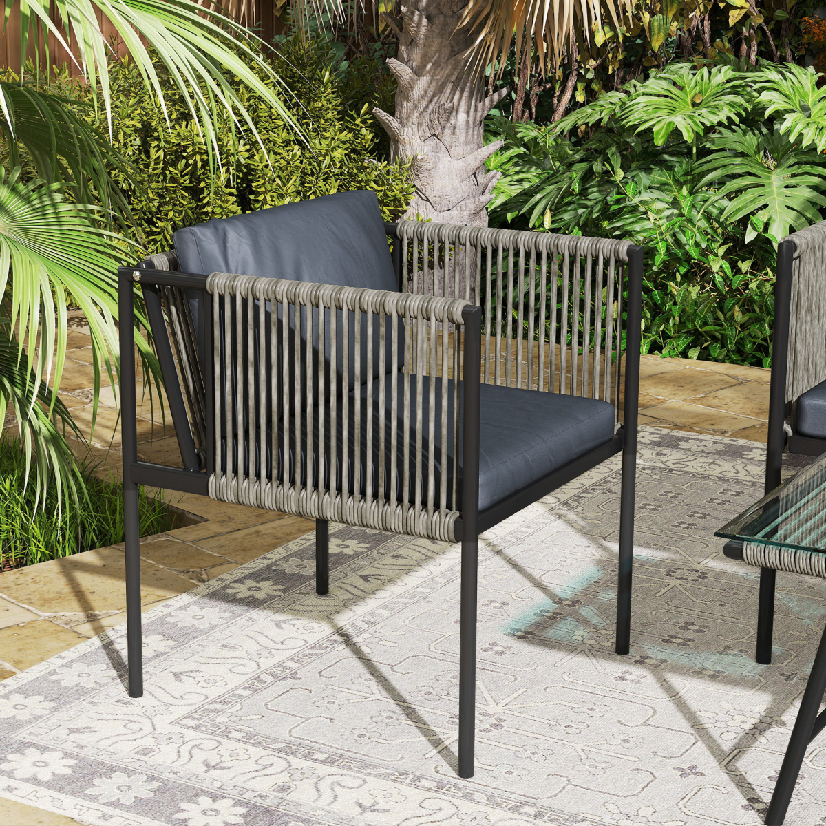 4-Piece Grey Wicker Outdoor Furniture Set with Glass Top Table