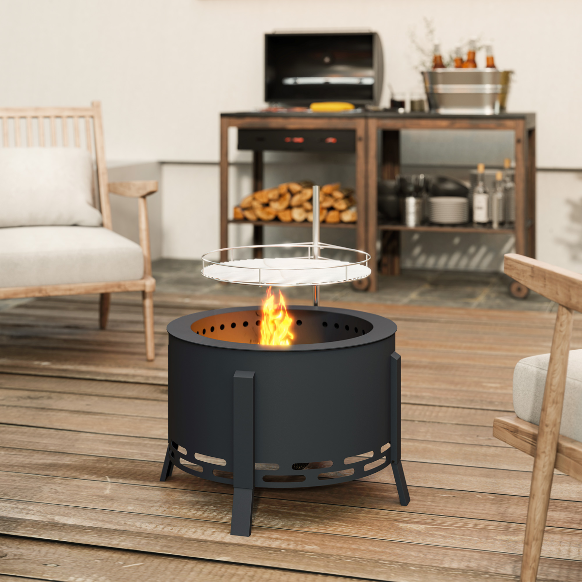58cm Round Portable Fire Pit & Grill - Durable Black Steel Design