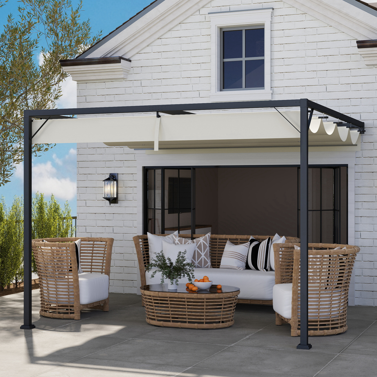 3x3m Wall-Mounted Pergola with Retractable Canopy - Cream Shade Master