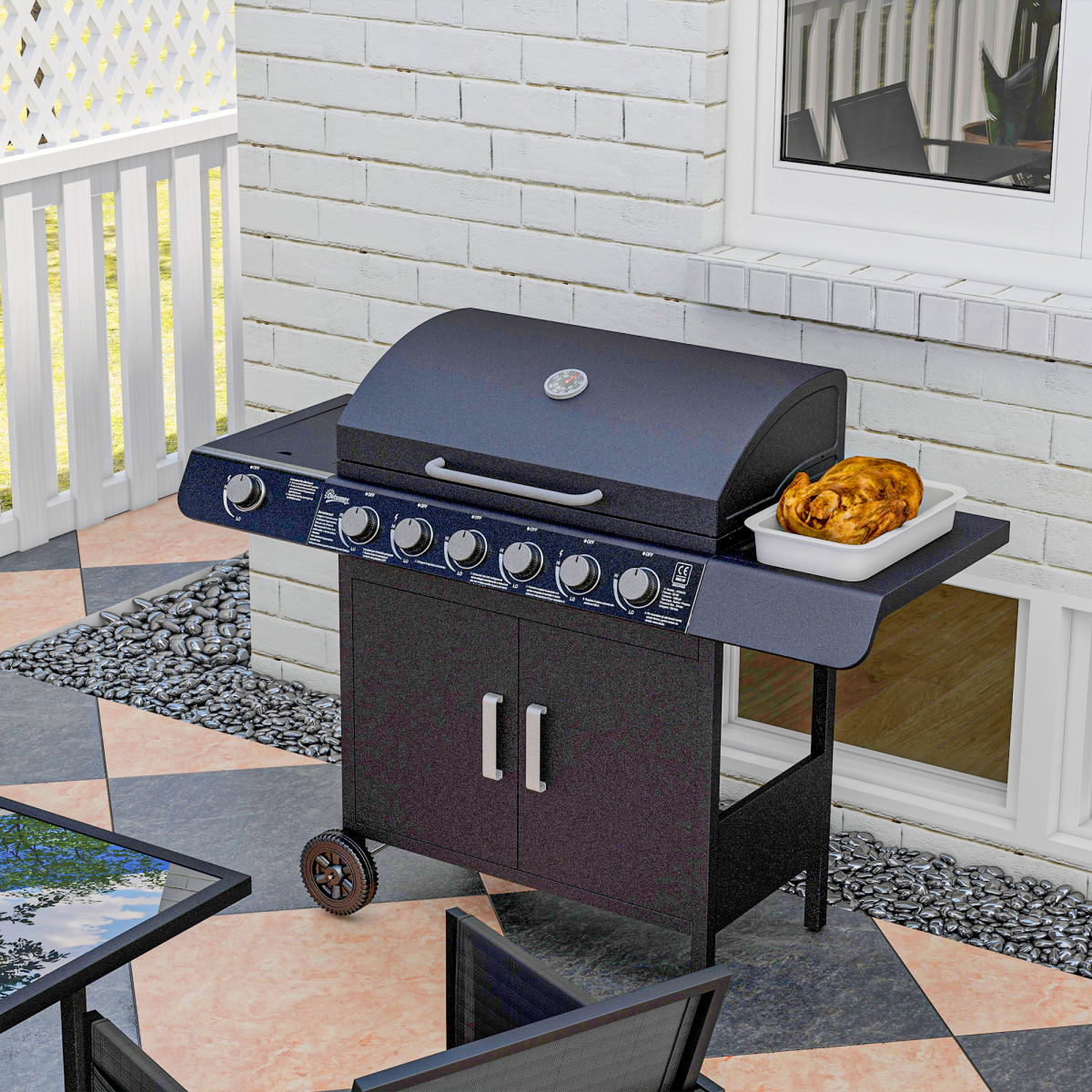 6+1 Burner Gas BBQ Grill with Wheels and Cabinet