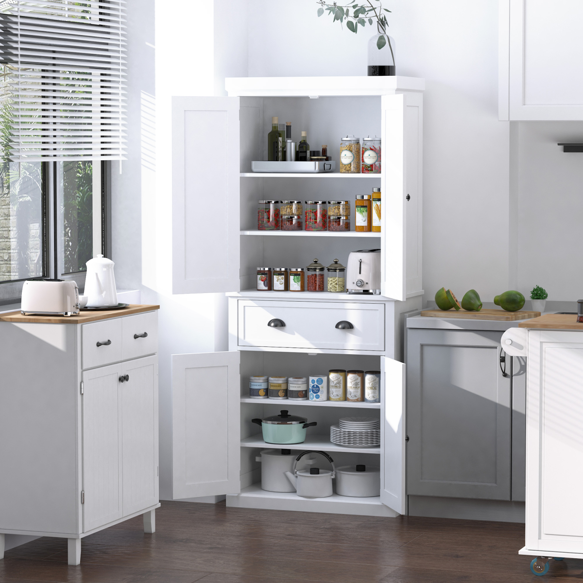 Elegant MDF Freestanding Kitchen Pantry Cabinet - Maximize Storage in Style