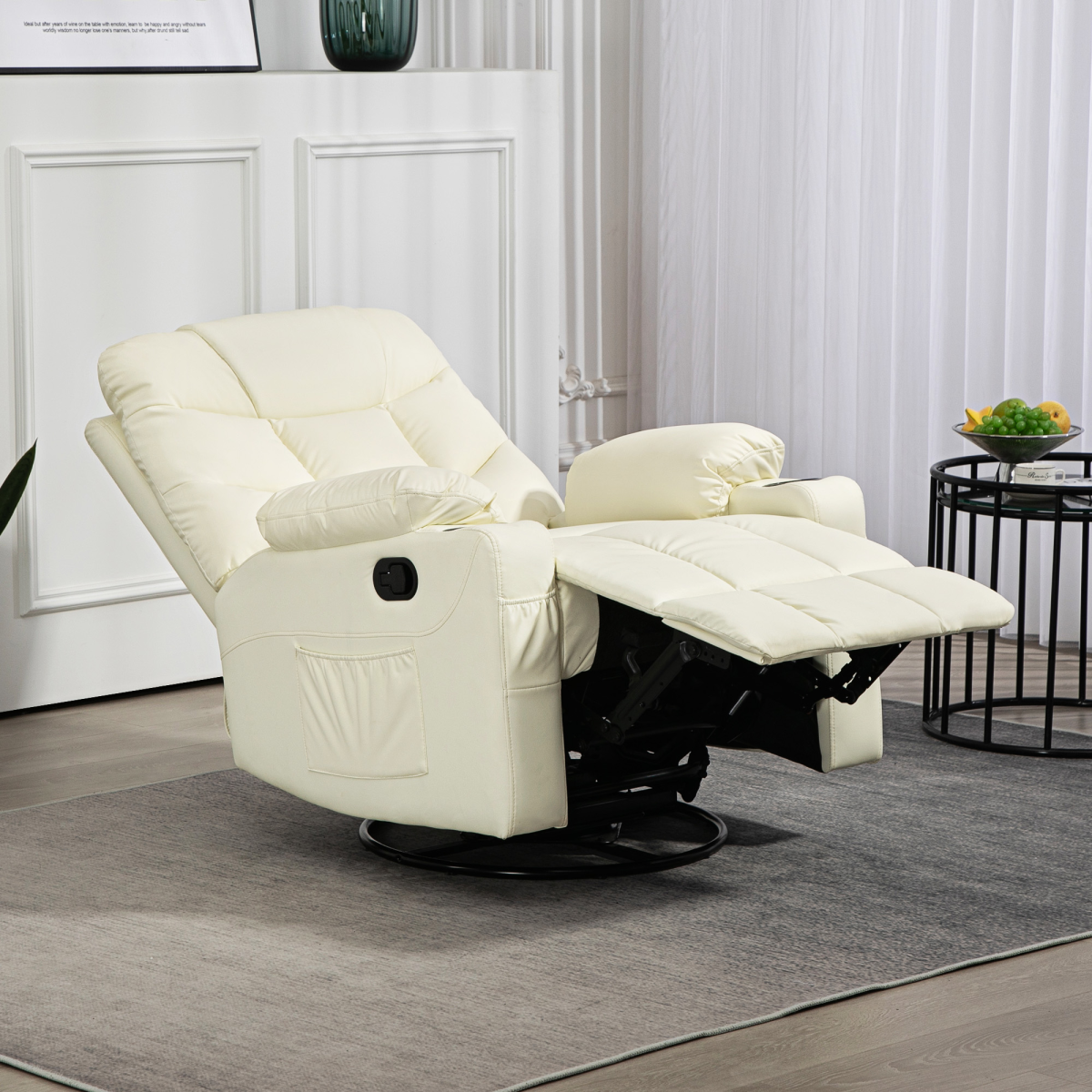 Luxury Recliner Chair with Footrest & Cup Holders - Cream Swivel Comfort