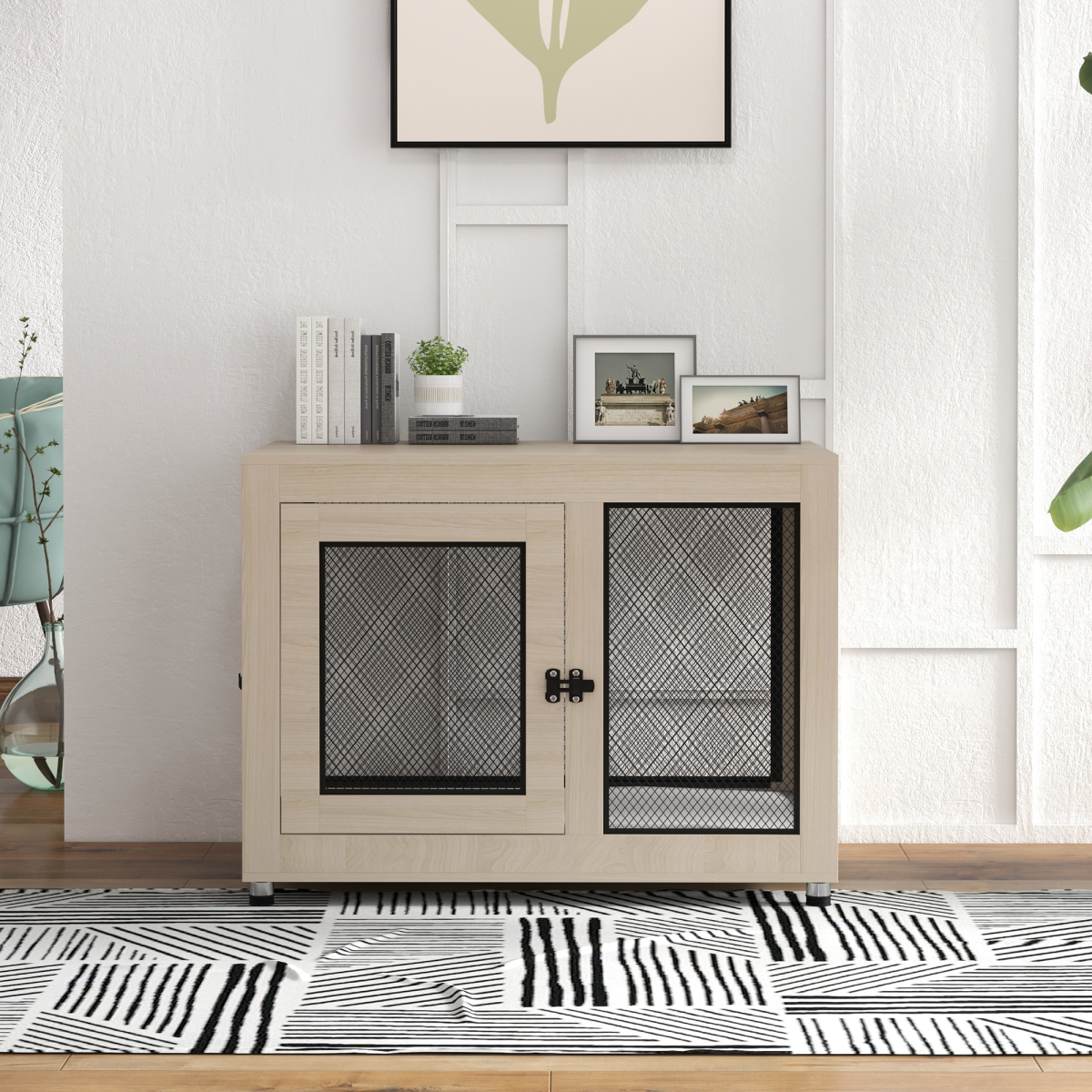 Chic Dog Kennel End Table with Dual Doors and Plush Cushion - Oak/Black