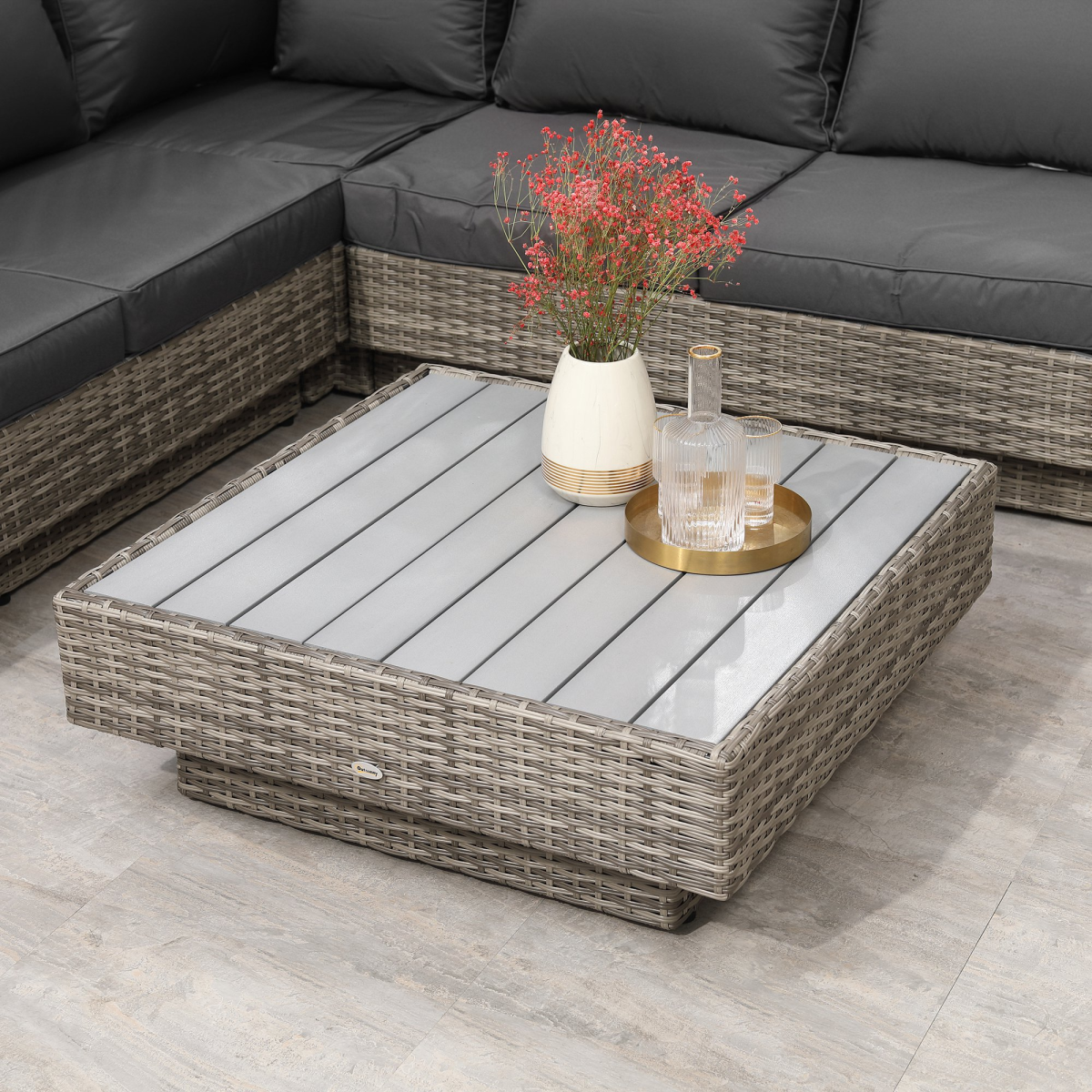 5-Piece Outdoor PE Rattan Corner Sofa Set with Cushions and Table - Light Grey